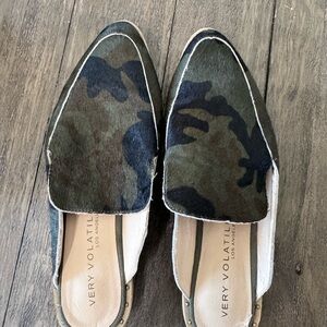 Very Volatile Green and Black Camo Slip-On Mules